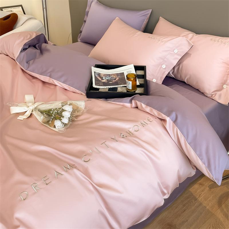 Light luxury double 120 count long-staple cotton bed four-piece set of pure cotton sheets and fitted sheets embroidered duvet cover and duvet cover
