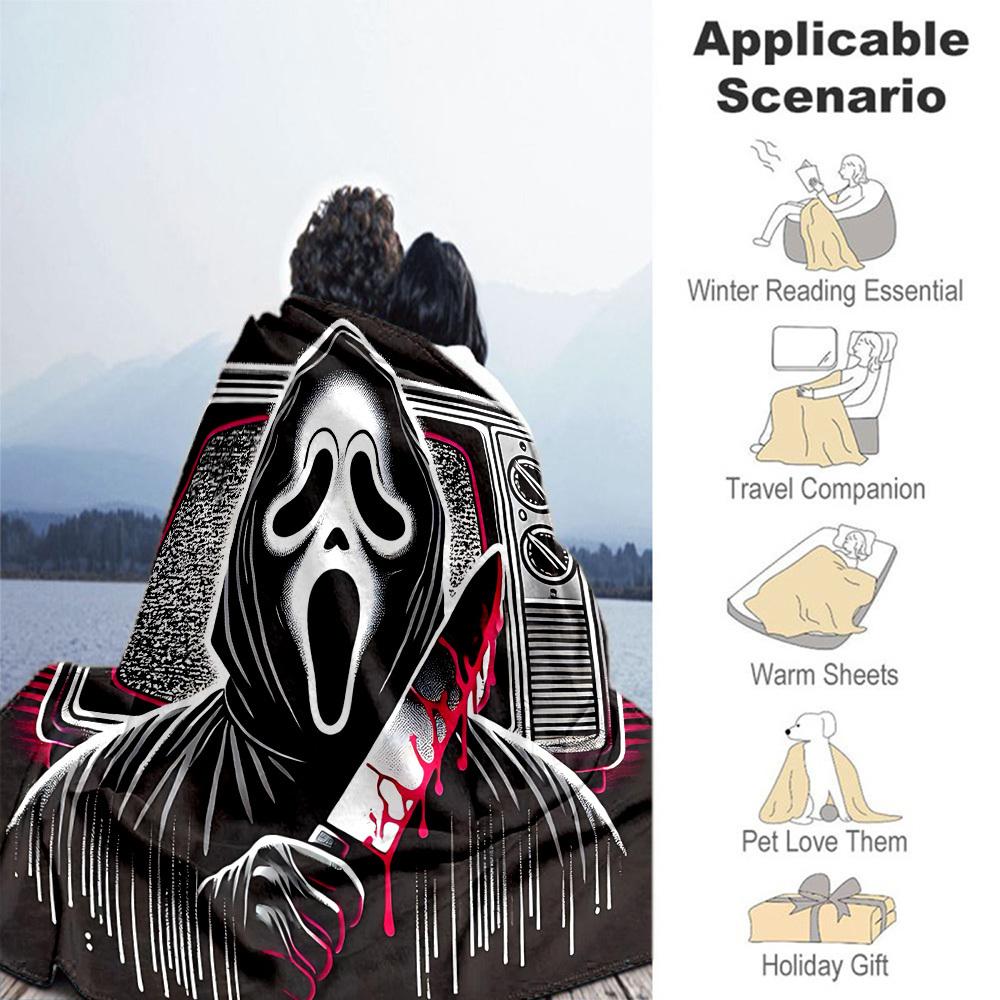 1PC Ghostface Scream Outdoor Flannel Throw Blanket - HD Printed Lightweight Soft Warm All-Season Blanket for Sofa, Bed, Travel, Camping 039