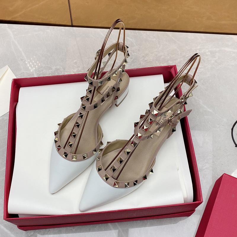 Spring New Rivet Middle Heel Shoes Women's Strap Buckle Thick Heel Sexy Willow Pointed Sandals Women's Shoes
