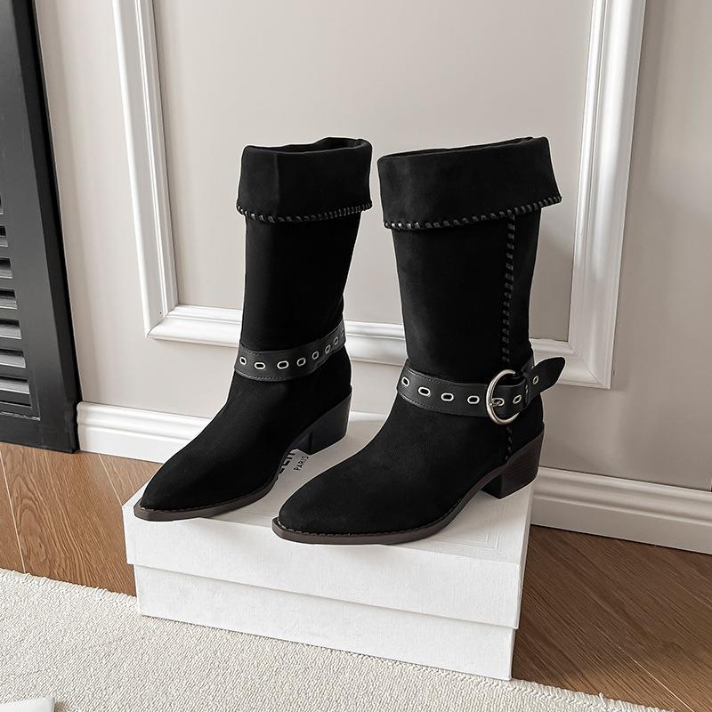 

Model~ Autumn and winter new retro mid-tube knight boots pointed belt buckle western cowboy boots 40 чорний