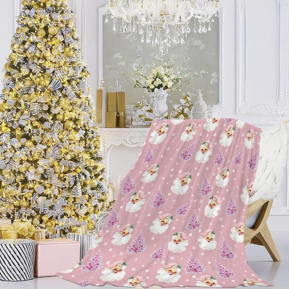 Soft Plush Christmas Blanket,Cute Santa Claus Pink Christmas Tree Snowflake Warm Throw Blanket for Couch