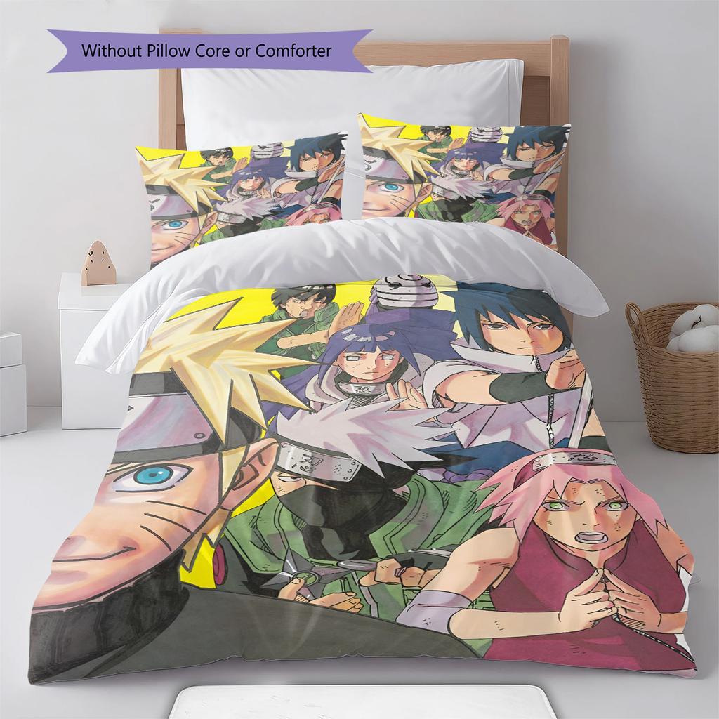 Naruto Cute Pose Chibi Style Bedding Set Anime Duvet Cover Polyester Soft Bed Linen Set -QJY