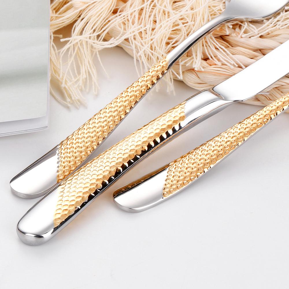 4/8/16/20/24/28 Pcs Luxury Gold Plated Cutlery Set Dishwasher Safe Flatware Set With Hammered Handle 18/10 Steel Silverware Set