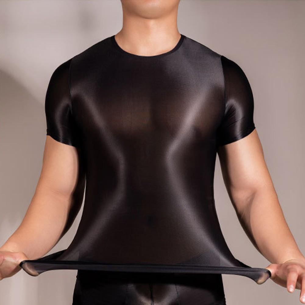 Comfortable Mens T-Shirt Male Nylon See Through Sheer Shiny