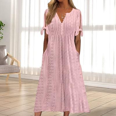 Women Summer Dress Solid Color Hollow Out Short Sleeves V Neck Buttons Dating