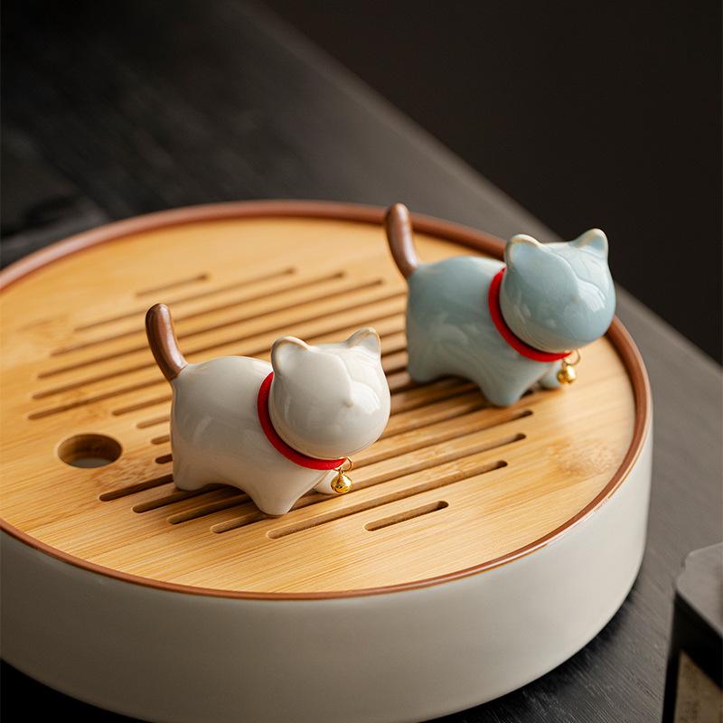 Ru Ware Handmade Tea Pet Cat Figurine Cute Ceramic Crackle Glaze Decorative Ornament for Tea CeremonyHome Office Desk Decor Gift
