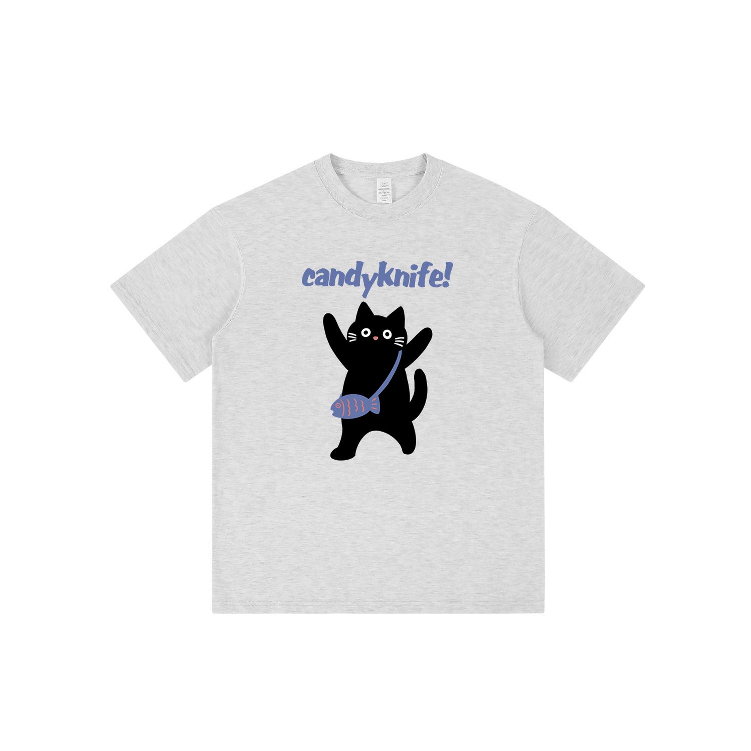 

2024 Original Cartoon Fish & Cat Print Unisex Short Sleeve Cotton T-shirt Medium