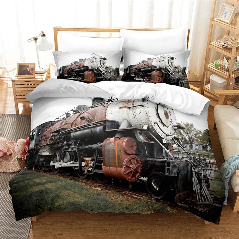 Comforter Steam Engine King Queen Microfiber Vintage Locomotive In Countryside Scenery Green Grass Train Pattern Bedding Set