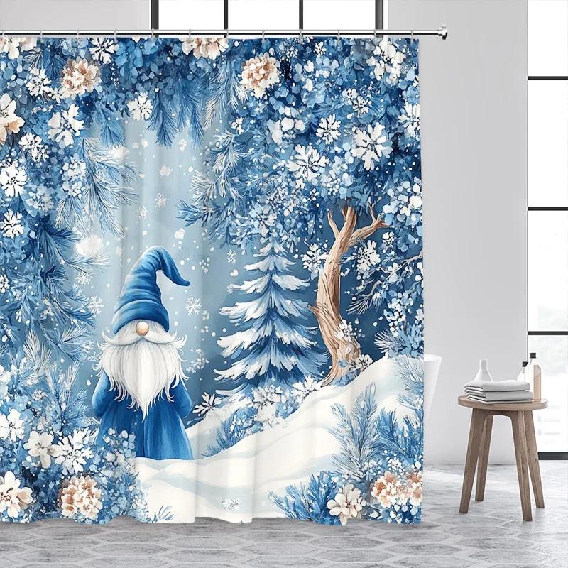 Pink Christmas Shower Curtains Cute Santa Claus Elk Bells Xmas Tree Gold Snowflake New Year Bathroom Curtain Decor with Hooks