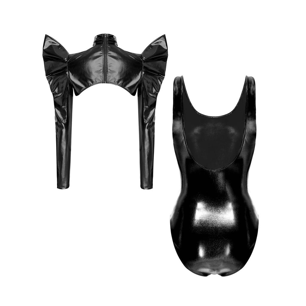 Damen ärmelloser Bodysuit mit tiefem Rücken und langärmeliger Rollkragenanzug mit Reißverschluss hinten und Schulterpanzerung, metallisch glänzend, Clubwear für Halloween-Party