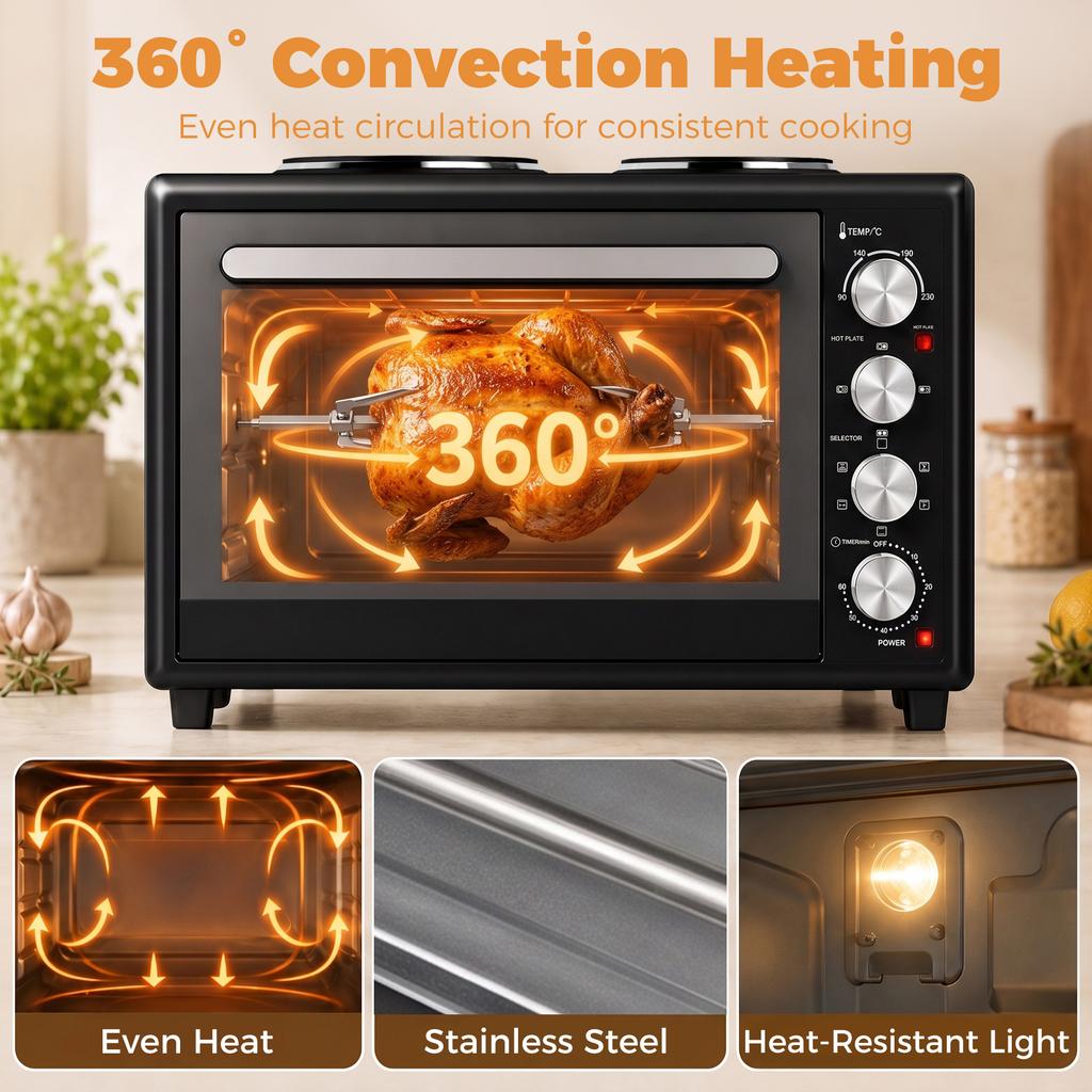 46L Mini Oven with Dual Hot Plates, Electric Countertop Cooker with Convection, 90–230 degrees C Adjustable Temperature