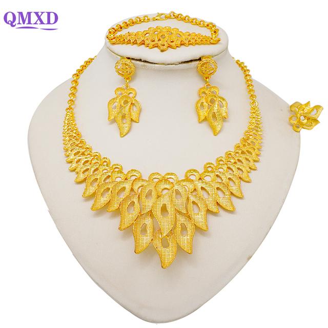 Seturi de bijuterii de culoare aurie Dubai pentru femei Cercei și colier indieni Nigeria Cadouri de nuntă de mireasă marocane