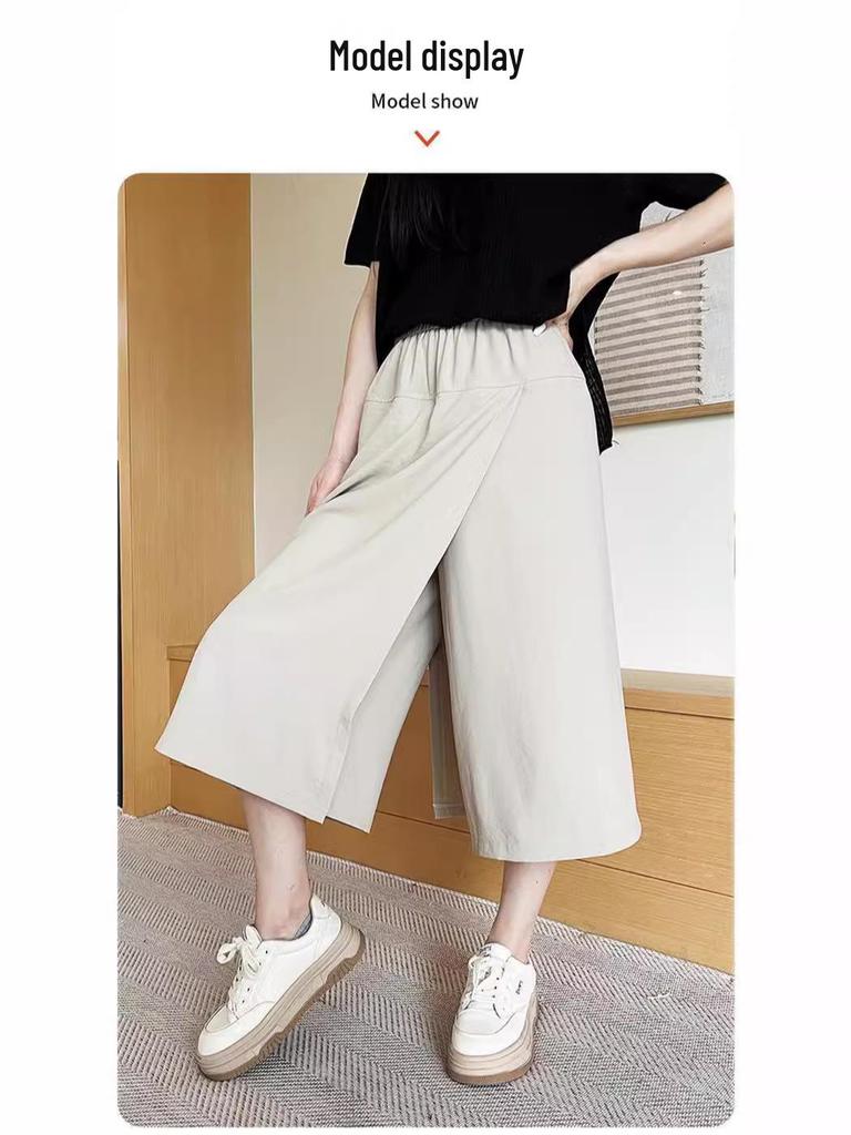 Milan Women's High Waist Wide Leg Cropped Pants - Wrinkled Pleated Skirt Style, Breathable and Loose Fit for Summer.