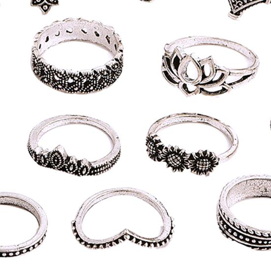 15Pcs/Set Women Hollow Lotus Sunflower Geometric Faux Gem Stacking Finger Ring