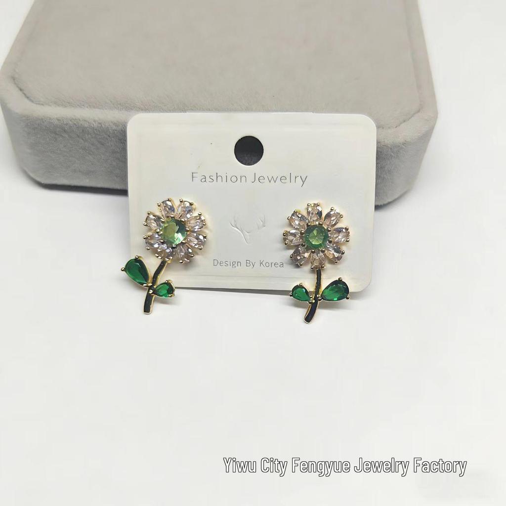 2025 High-End Crystal Flower Green Leaf Zircon Stud Earrings - Trendy & Delicate for Women