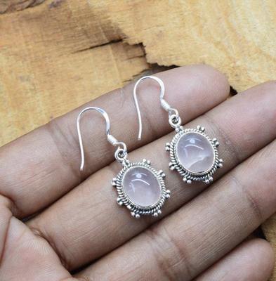 Solid 925 Sterling Silver Rose Quartz Gemstone Bezel Earring, Gift For Her Unique Gifts Dangle Earrings