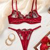 European-American Sexy Lingerie: Red Velvet Rose Embroidered Push-Up Bra & Panty Set