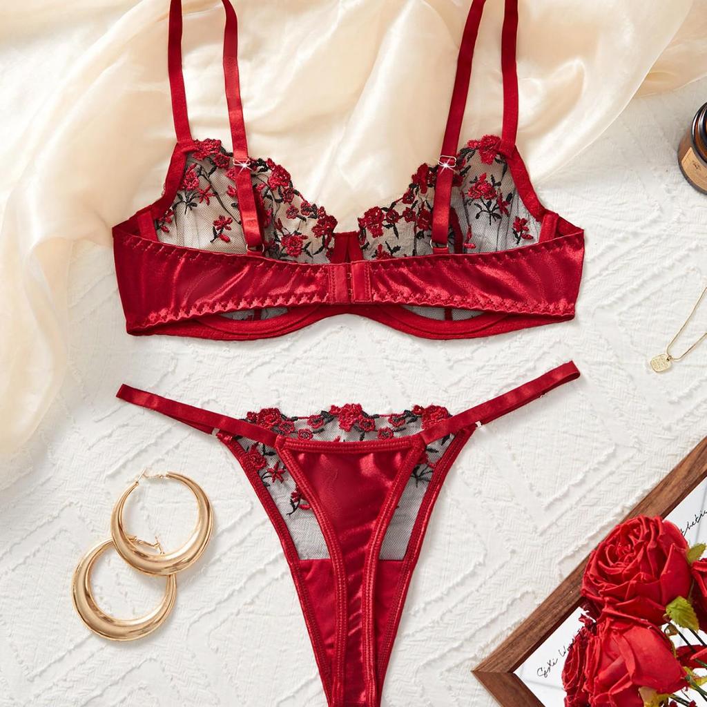 European-American Sexy Lingerie: Red Velvet Rose Embroidered Push-Up Bra & Panty Set