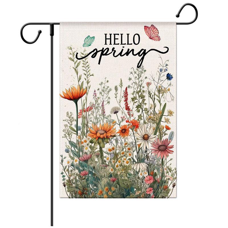 Floral Welcome Garden Flag Double Sided Spring Outdoor Decorative Linen Yard Banner with Letter Print for Porch and Patio