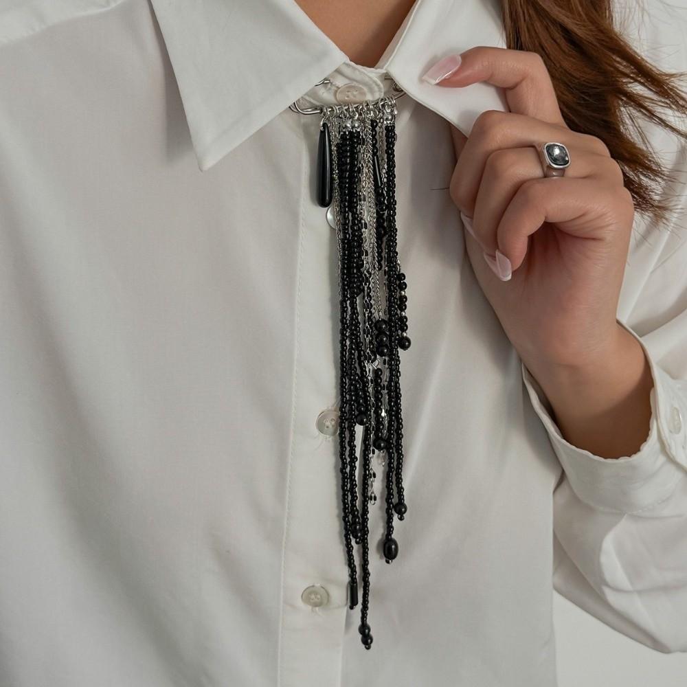 Black Red Crystal Beads Brooches Handmade Bead Fixed Needle Long Tassel Brooch Multi-layer Chain Lapel Pin Suit Accessories