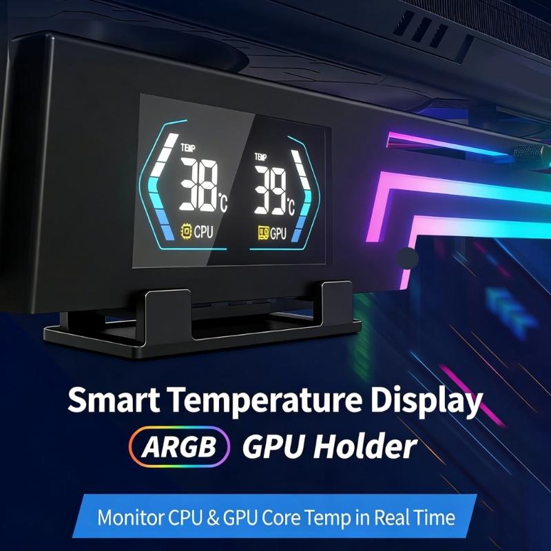 ARGB Syncs Graphics Card Holder With Temperature Display And Adjustable Support For Heavy GPUs Like 40 Series