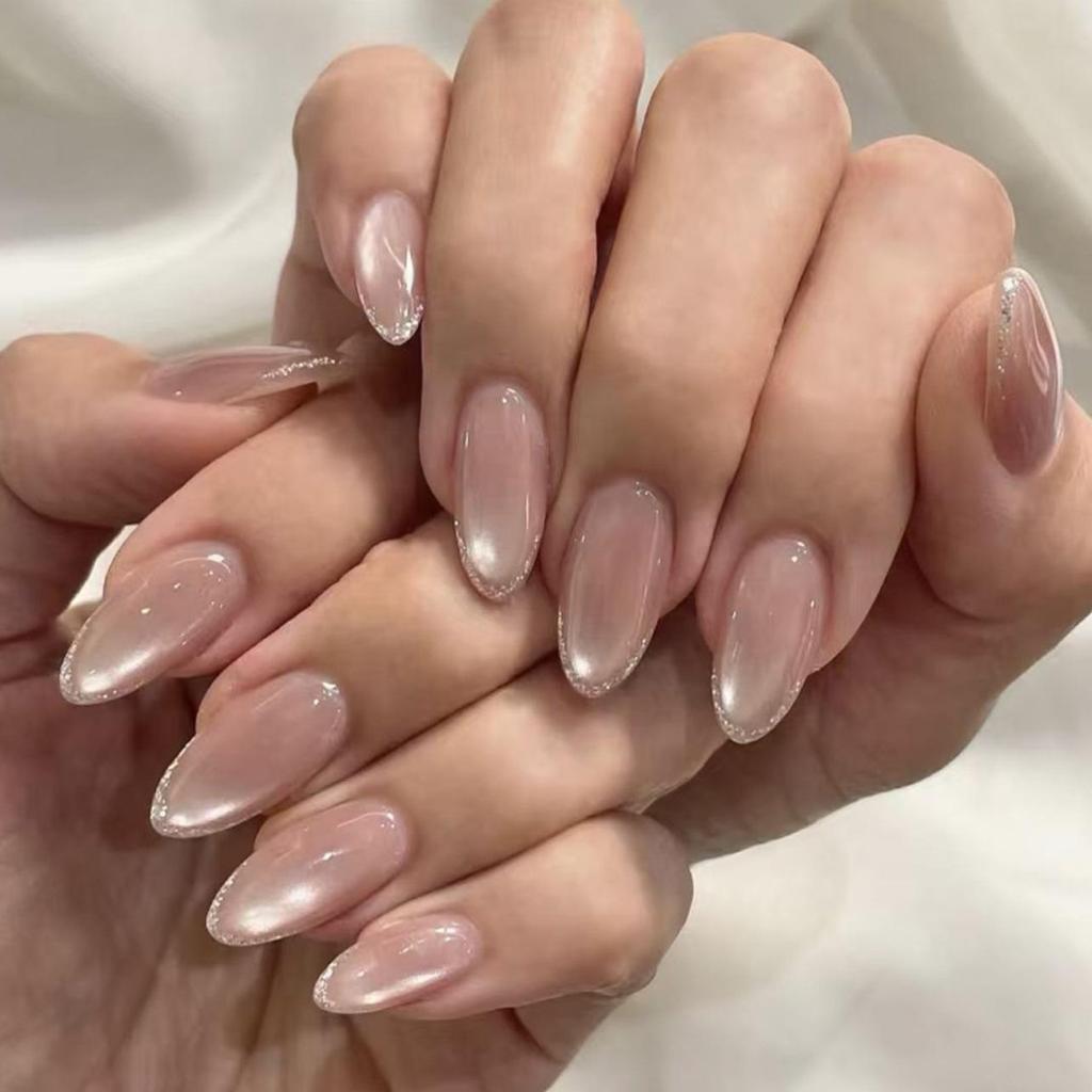 Glitter Almond Nude Cat Eye Sparkle False Nails