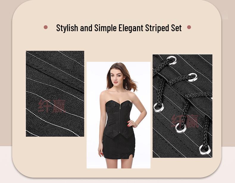 European & American Black Striped Corset Waist Slimming Shapewear with Zipper Bust Support - Tight-fitting Professional Suit.