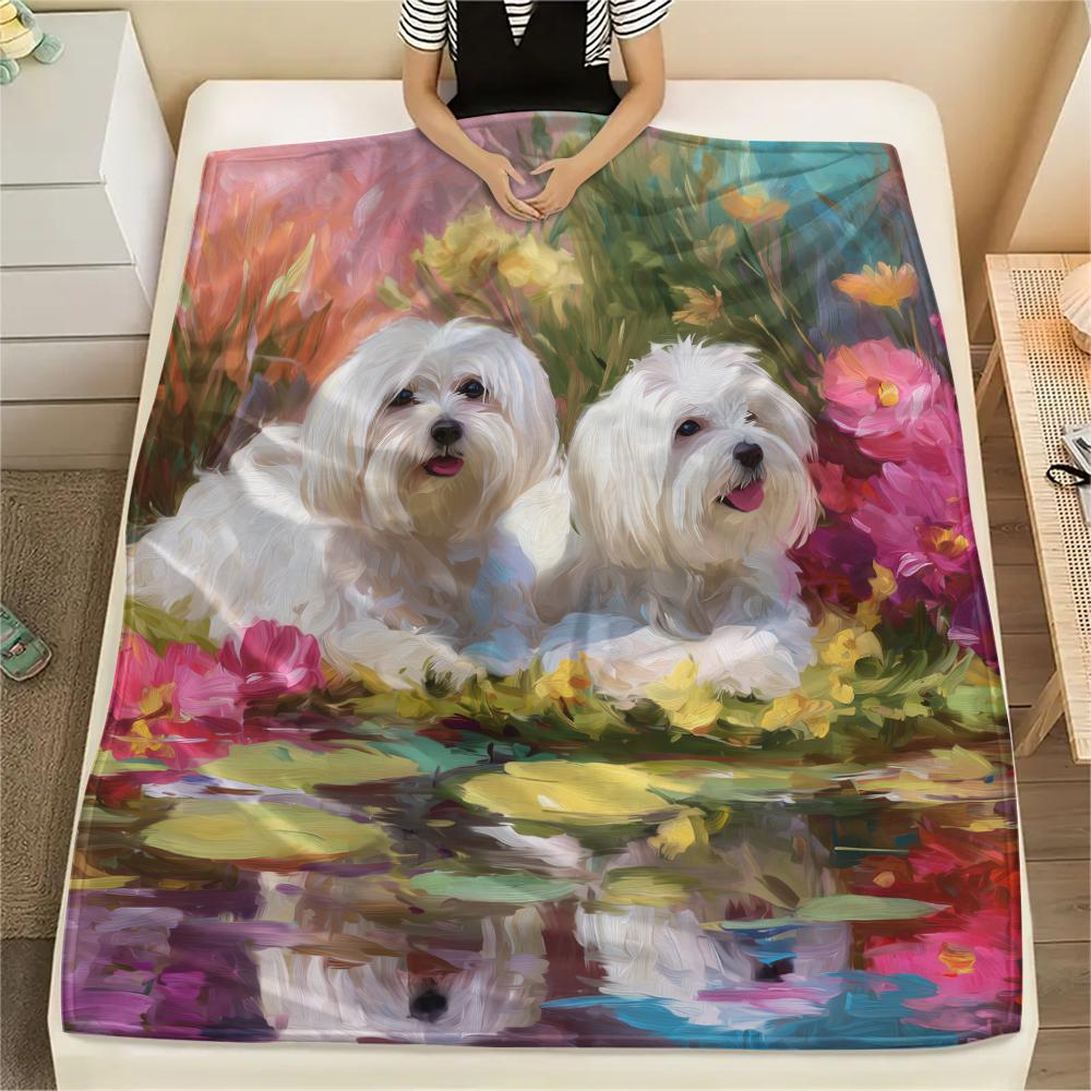 Maltese dog and flowers,pattern Flannel Blanket, High quality Comfortable for All Seasons, Home Decor, Warmth and Comfort, Perfect for Gifts.