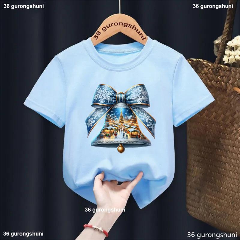 Xmas Gift Kids Clothes Christmas Bell Santa Claus Rides Reindeer Printed T Shirt For Girls/Boys Funny Solid T-Shirt Tops