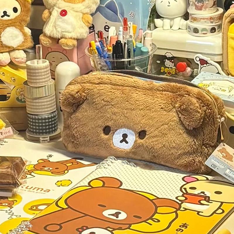 Cartoon Rilakkuma Plush Pencil Case Cute Little Bear Plush Makeup Bag  Large-Capacity Pencil Bag Kawaii Plush Pen Pouch