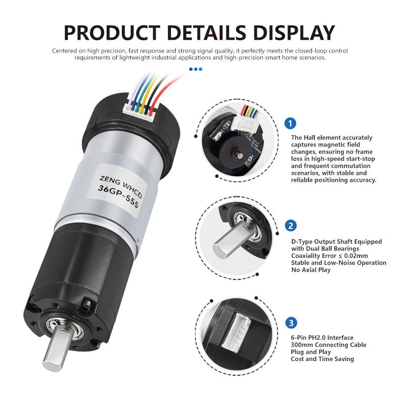 36GP-555 Planetary Gear Reduction Motor with Hall Effect Sensor And Encoder, 12V-24V All-Metal Gear Motor, High Torque DC Motor