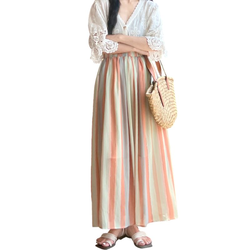 Spring and Summer New Arrival Women's Clothing Stripes Long Skirt A- Line Large Hem Long Skirt Elastic Waist Loose Slimming Stripes Stripes Skirt