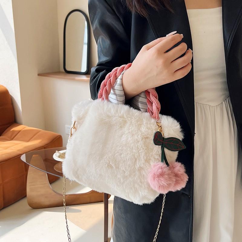 Luxury Faux Fur Bag Women's Plush Woven Handle Handbag Thin Chain Shoulder Bag With Cherry Pendant Magnetic Buckle Crossbody Bag