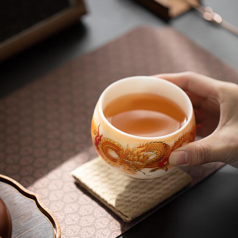 Wang Wenke Mutton Fat Jade Ceramic Dragon Zen Teacup
