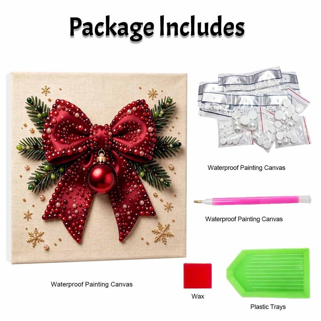 DIY 5D Pearl Painting Kit Framed with Red Christmas Bow Ornament Sparkling Bead Canvas Art Creative Gift for Holiday Room Decor