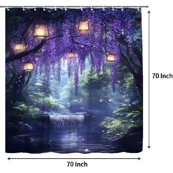 Enchanted Forest Shower Curtain Purple Wisteria Fantasy Garden Waterfall Fairy Tale Nature Scenery Fabric Bathroom Decor Set with Hooks(70" Wx70 H)