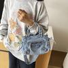 Retro Motorcycle Style Denim Handbag With Studs Chic Crossbody Shoulder Bag Women Streetwear Fashion Accessory