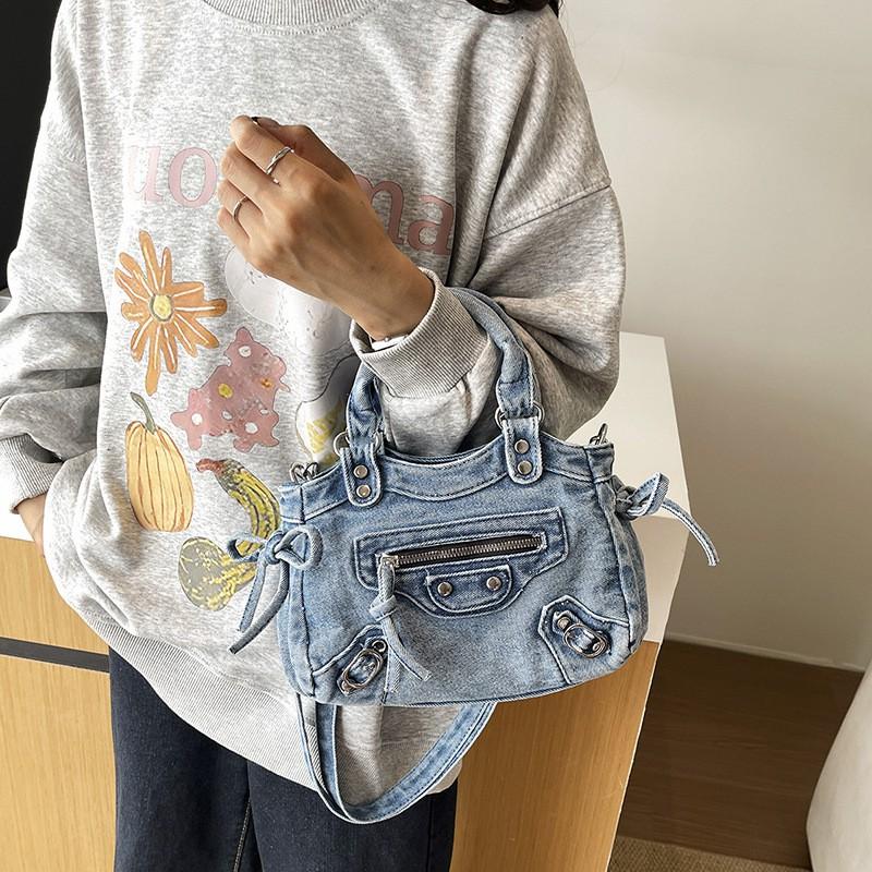 Retro Motorcycle Style Denim Handbag With Studs Chic Crossbody Shoulder Bag Women Streetwear Fashion Accessory