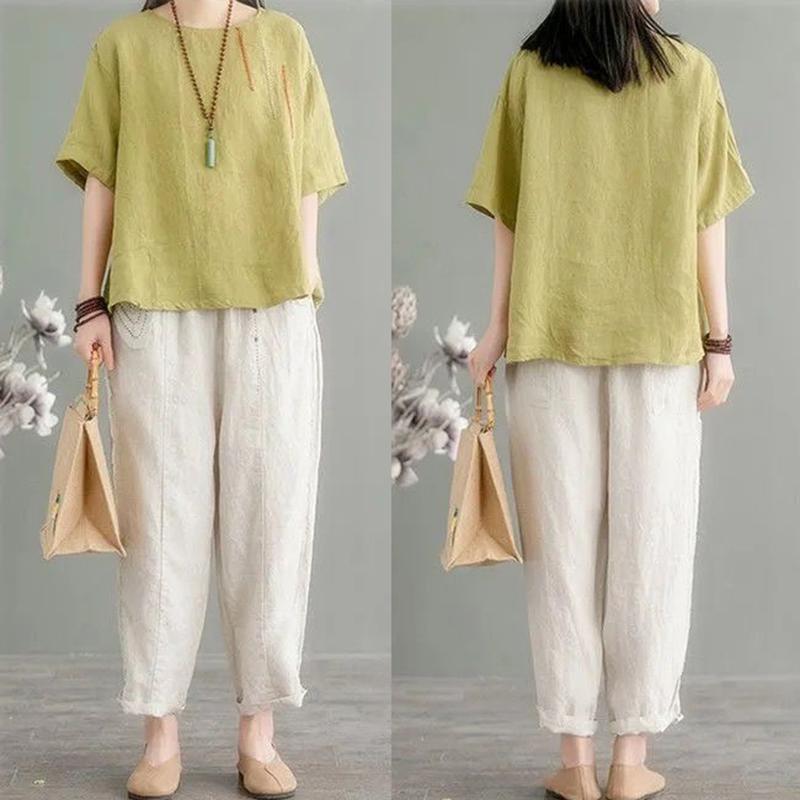 Plus Size M-3XL Women T-shirt Summer Short-sleeved Blouse O Neck Loose Fashion Vintage Embroidered National Style  Female Tops