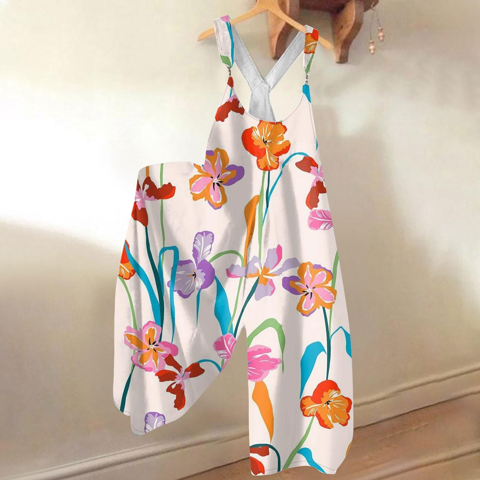 

Женский летний комбинезон с цветочным принтом в винтажном стиле (Нерегулируемые ремни) M шафрановый