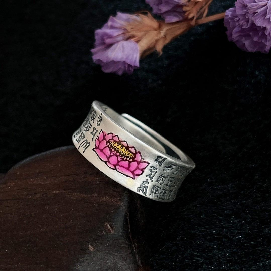Серебряное кольцо с эмалью  Розовый Лотос , Ретро-китайский стиль