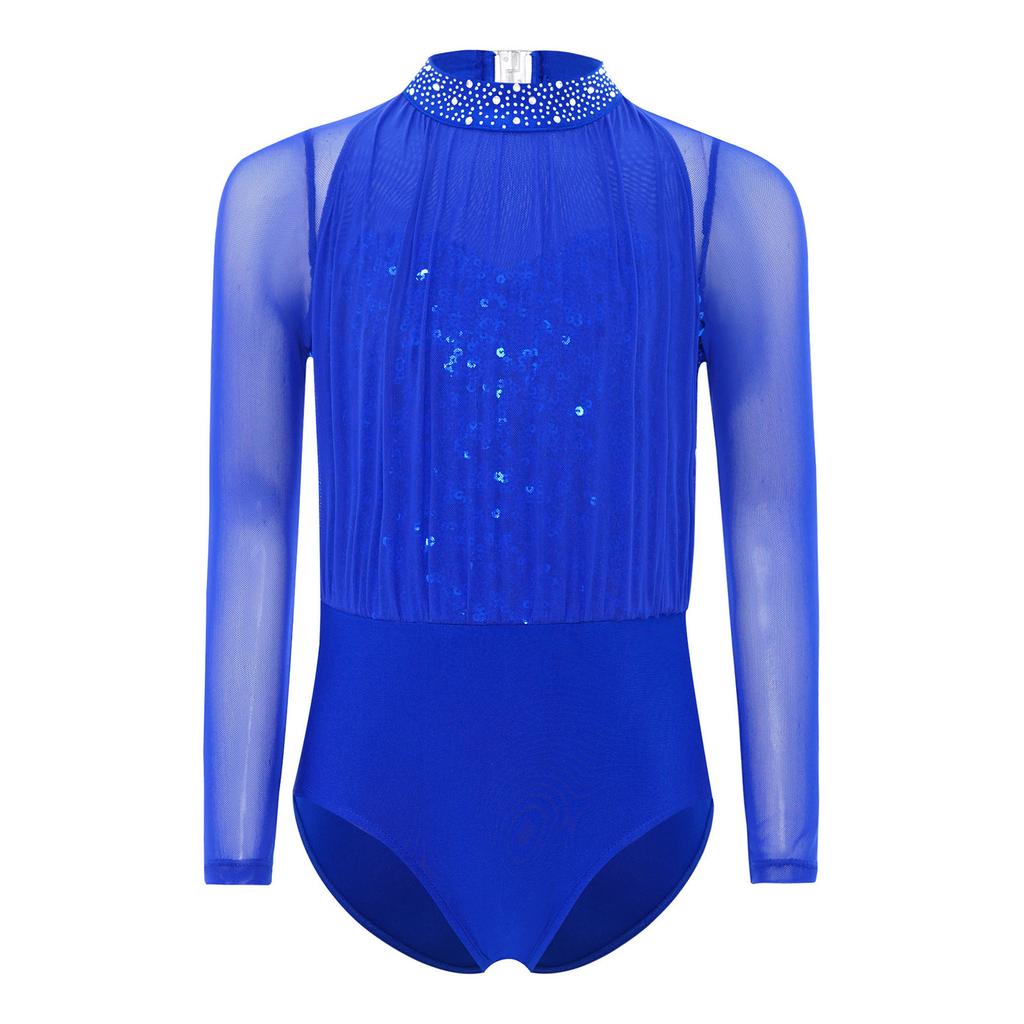 Girls Dance Leotard Long Sleeve Keyhole Back Design Sequins Rhinestones Sheer Mesh Figure Skating Outfit