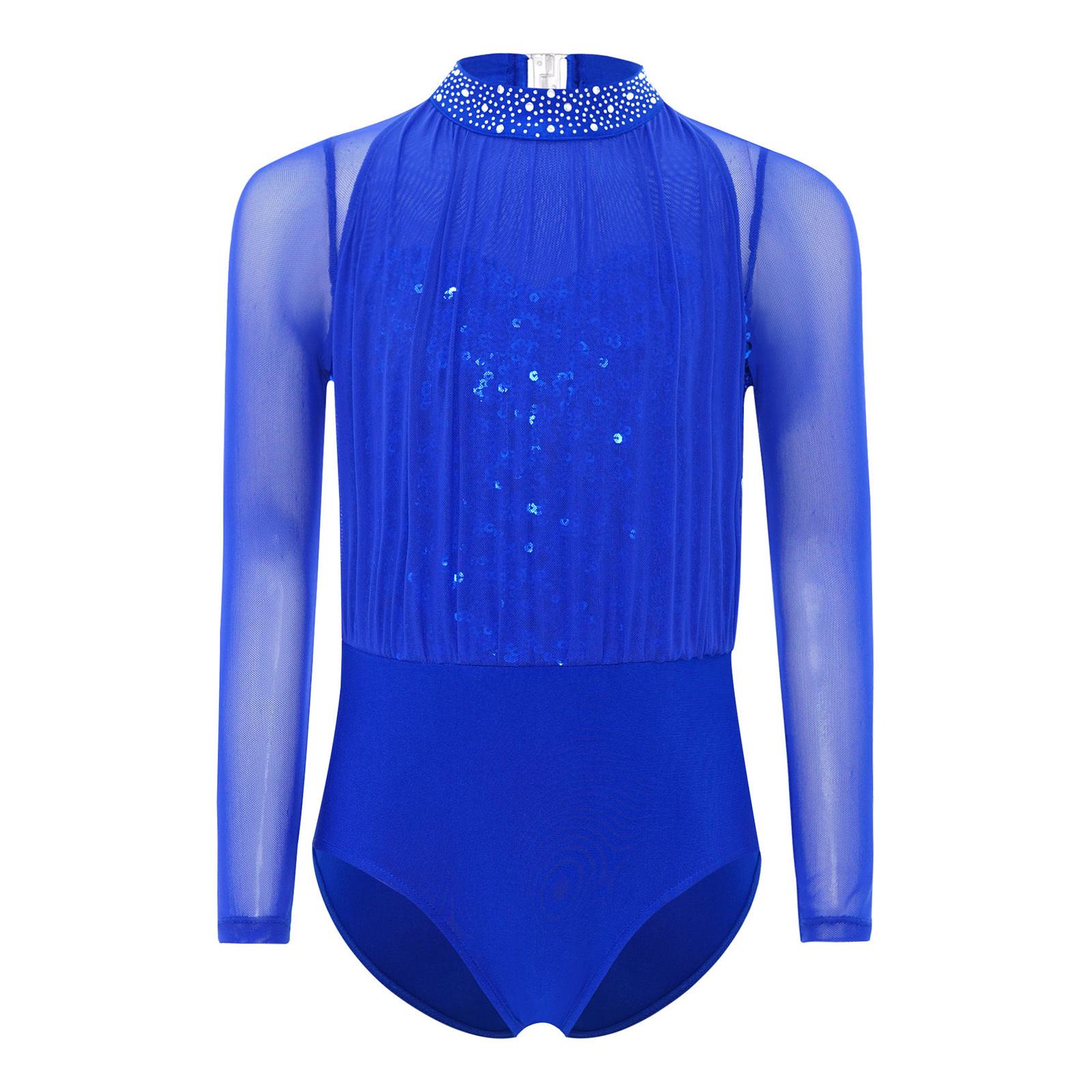 Mädchen Tanzbody Langarm Schlüsselloch-Rückendesign Pailletten Strass Sheer Mesh Eiskunstlauf-Outfit 5-6 Years blau