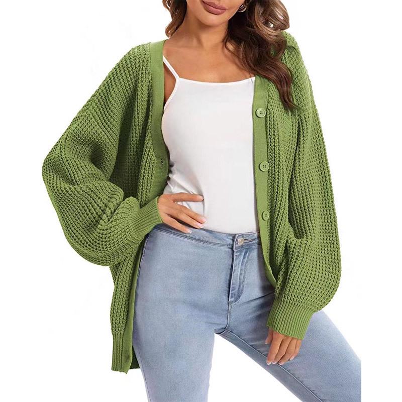 Women's V-Neck Lantern Sleeve Knitted Cardigan Sweater Coat - Single-Breasted Lazy Style