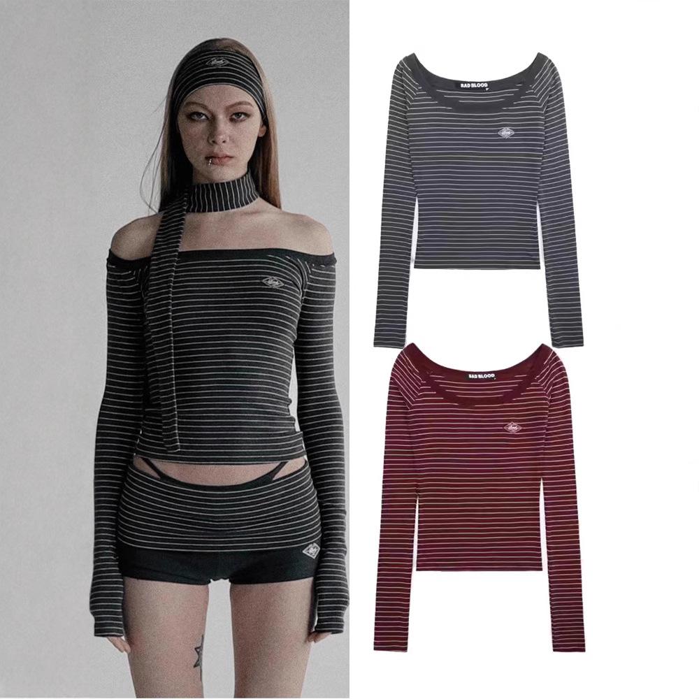 

Badblood Striped Off-Shoulder Slimming Top - Women s Versatile Round Neck Shirt Small