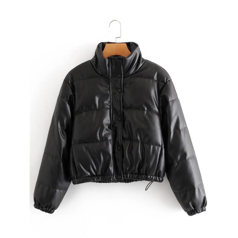 Womens Winter PU Faux Leather Padded Jacket Slim Fit Solid Color Casual Coat With Stand Collar