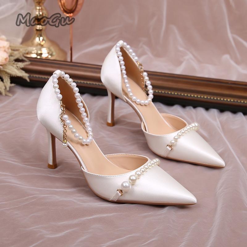 Fashion Elegant Women's High Heeled Pumps Pearl Beaded Ankle Straps Pointed Toe Bride Wedding Shoes Black White Satin Heeled Sandals