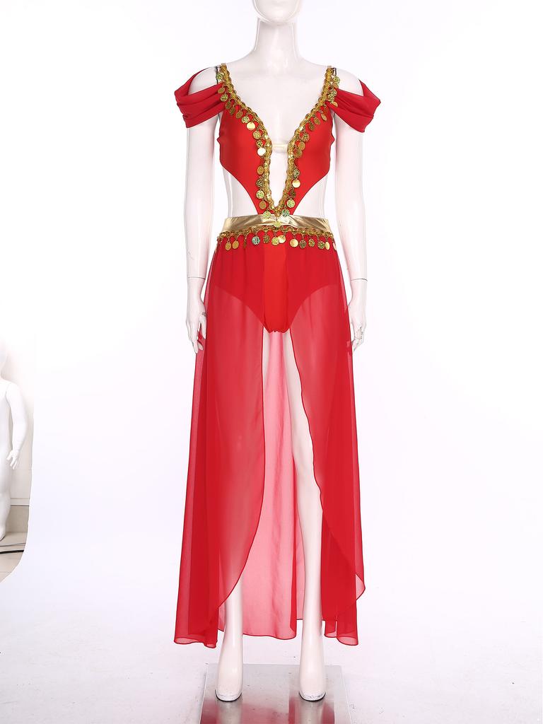 Ladies India Dance Costume S-3XL Sequin Tassel Bodysuit Dress V Neck Cutout Open Front Chiffon Hem with Built-in Shorts for Belly Dance