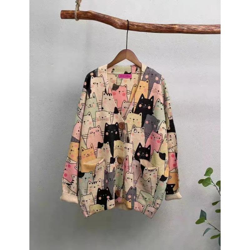 DIMANAF 2026 New Autumn Plus Size Sweaters Cardigan Oversize Women Pattern Floral Cartoon Printing Sweaters Knitting Loose Sweater