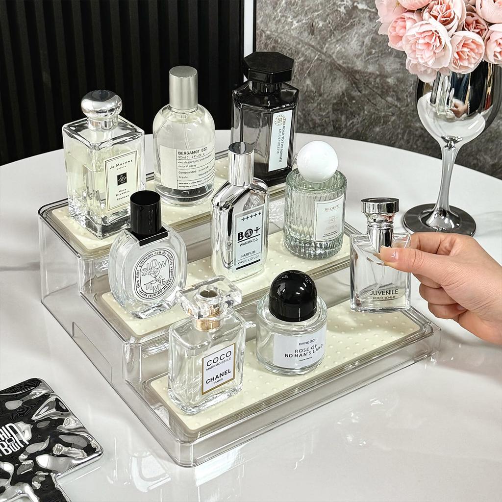 ACSTORi Perfume Storage Figure Display Telescopic Cosmetic Storage Adjustable Height Clear PET TPR Mat No Installation Perfume Organizer Rack, Stand,